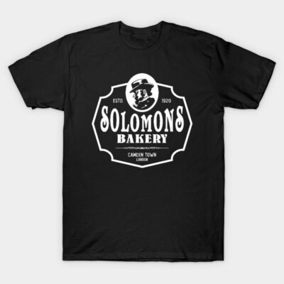 Black cotton t-shirt with vintage "Solomons Bakery" logo design, ideal for casual wear.