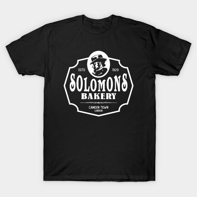 Black cotton t-shirt with vintage "Solomons Bakery" logo design, ideal for casual wear.