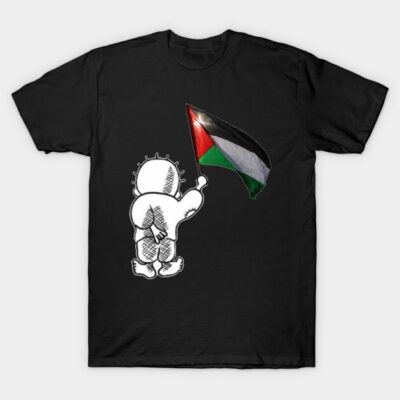 Black t-shirt with cartoon character holding Palestinian flag, casual wear, graphic design, cotton fabric.