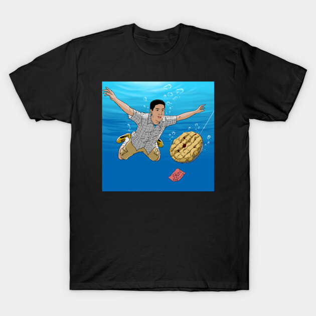 Black t-shirt with cartoon graphic of a person underwater reaching for a donut. Fun and casual style for everyday wear.