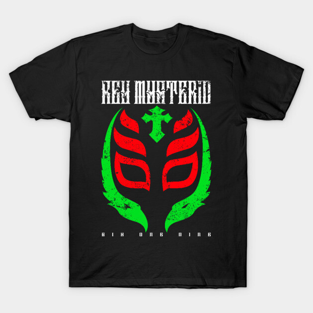 Black graphic t-shirt with red and green abstract mask design, casual wear, cotton fabric, unisex style.