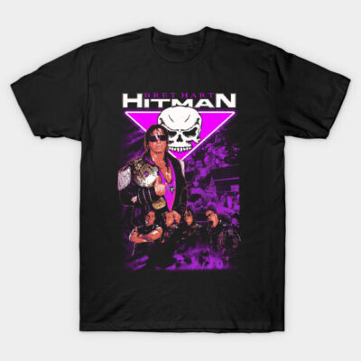 Black graphic t-shirt with retro design, featuring skull and vibrant purple accents, casual style, cotton material.