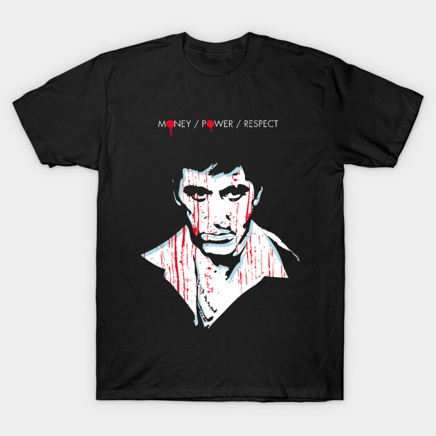 Black graphic tee with bold design and "Money Power Respect" text, ideal for casual wear, made from soft cotton.