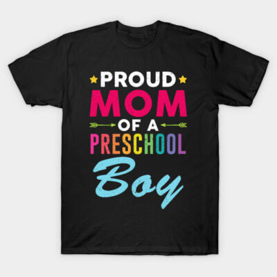Black "Proud Mom of a Preschool Boy" T-shirt with colorful text, casual style, ideal for casual wear.