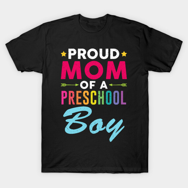 Black "Proud Mom of a Preschool Boy" T-shirt with colorful text, casual style, ideal for casual wear.