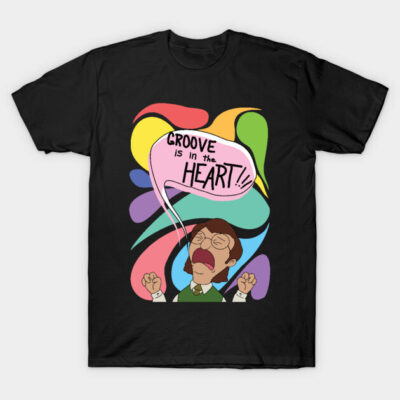 Black graphic T-shirt with colorful abstract design and "Groove is in the Heart" text, casual wear.