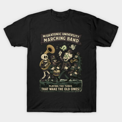 Black graphic t-shirt featuring whimsical marching band design with text "Miskatonic University Marching Band."