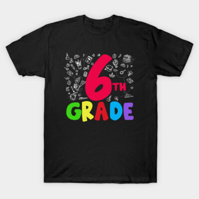Black "6th Grade" T-shirt with colorful text and school-themed doodles, casual style, cotton fabric.
