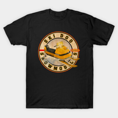 Black vintage Ski-Doo snowmobile t-shirt, featuring retro design, perfect for casual wear and snow sports enthusiasts.