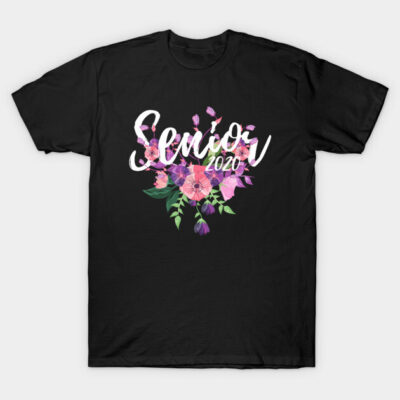 Black T-shirt with "Senior 2020" text and floral design, casual cotton apparel for graduates.