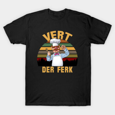 Black graphic t-shirt with colorful retro chef design, "Vert Der Ferk" text, casual wear.