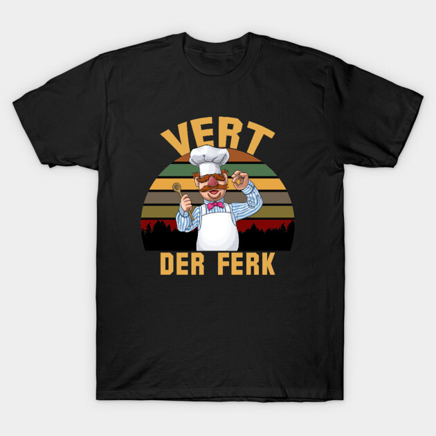 Black graphic t-shirt with colorful retro chef design, "Vert Der Ferk" text, casual wear.