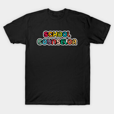 Black t-shirt with "School Counselor" text in colorful, playful style. Ideal for educators, casual wear, cotton fabric.