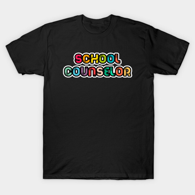 Black t-shirt with "School Counselor" text in colorful, playful style. Ideal for educators, casual wear, cotton fabric.