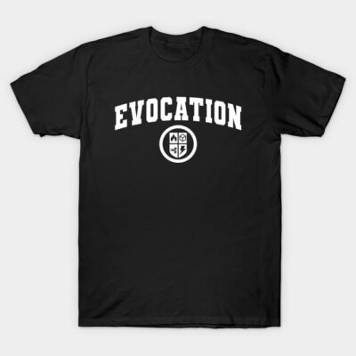 Black "Evocation" T-shirt with white text and symbol, casual style, cotton material, perfect for everyday wear.