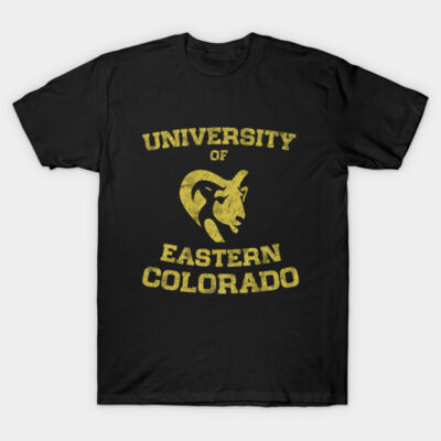 Black t-shirt with yellow "University of Eastern Colorado" text and cougar logo, casual wear, soft cotton material.