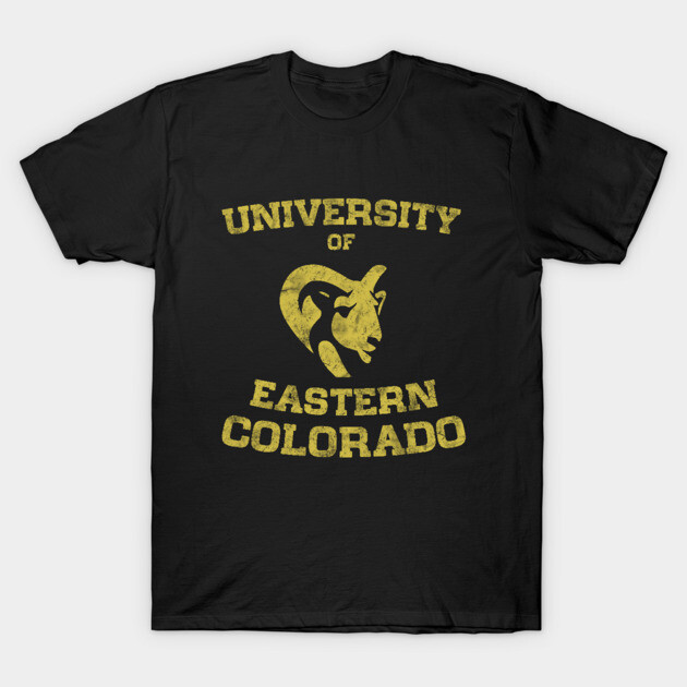 Black t-shirt with yellow "University of Eastern Colorado" text and cougar logo, casual wear, soft cotton material.