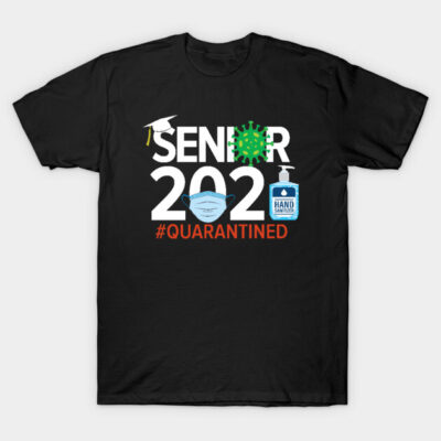 Black "Senior 2020 Quarantined" T-shirt featuring mask, sanitizer, and graduation cap graphics. Casual wear.