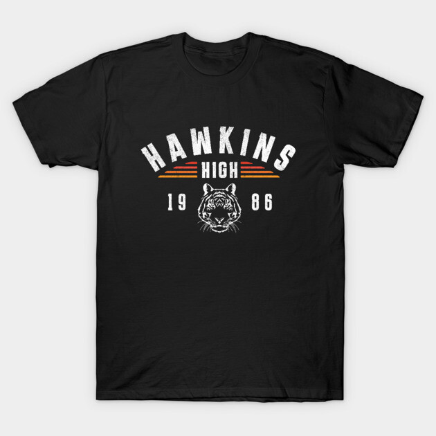 Black "Hawkins High" t-shirt with vintage 1986 tiger graphic, casual style, cotton material.