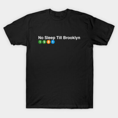 Black t-shirt with "No Sleep Till Brooklyn" text and colorful numbers, casual style, cotton material.