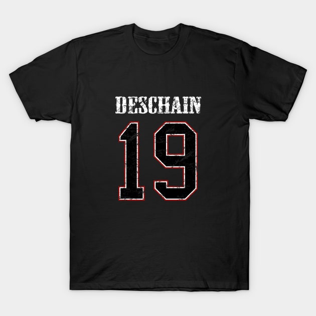 Black graphic tee with "Deschain 19" print, casual unisex style, cotton material, perfect for everyday wear.
