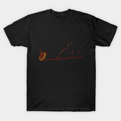 Black cotton t-shirt with abstract red and orange line art design, casual style, unisex.