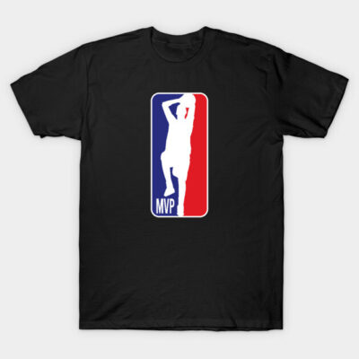Black T-shirt with MVP logo design featuring red, white, and blue colors, ideal for casual wear and sports fans.