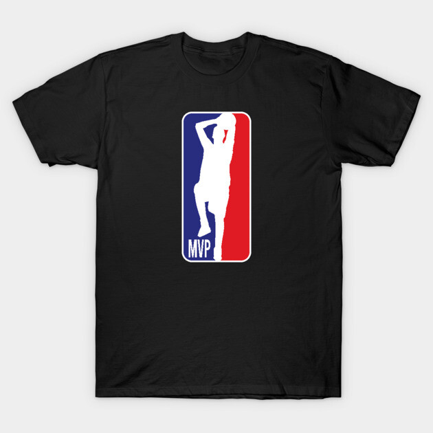Black T-shirt with MVP logo design featuring red, white, and blue colors, ideal for casual wear and sports fans.