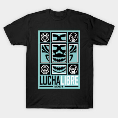 Black Lucha Libre T-shirt with blue graphic design, featuring wrestling mask motifs, cotton material, casual wear.