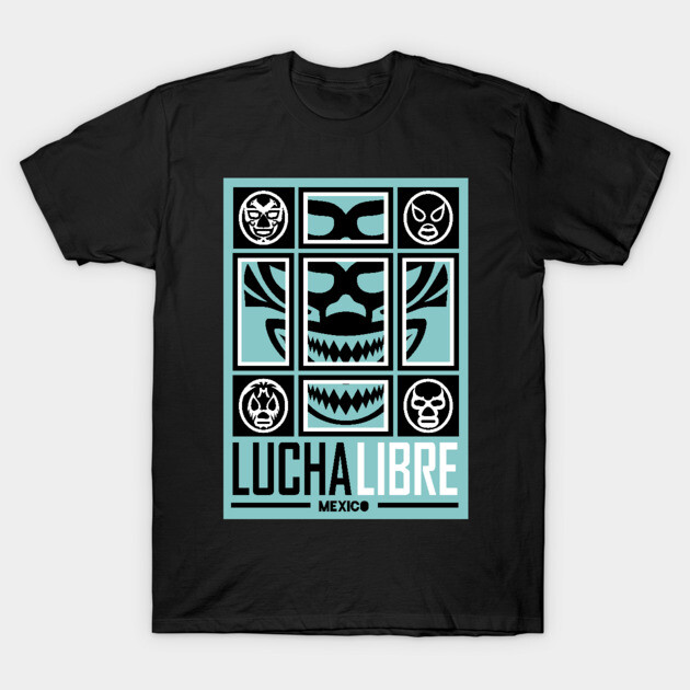 Black Lucha Libre T-shirt with blue graphic design, featuring wrestling mask motifs, cotton material, casual wear.