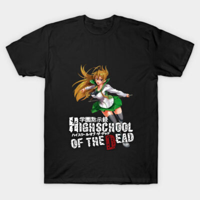 Black anime graphic t-shirt featuring "Highschool of the Dead" design, cotton material, casual wear.