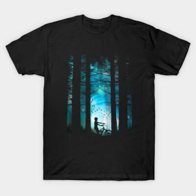 Black graphic t-shirt with forest and cyclist silhouette design, blue night sky, casual wear, 100% cotton.