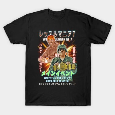 Black retro wrestling graphic tee featuring vibrant Japanese text, ideal for casual wear or collectors.