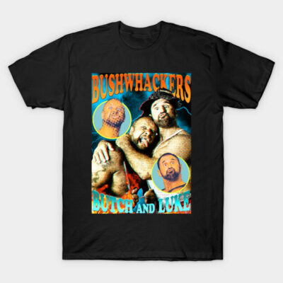 Black Bushwhackers graphic tee featuring vintage wrestling design, ideal for casual wear.