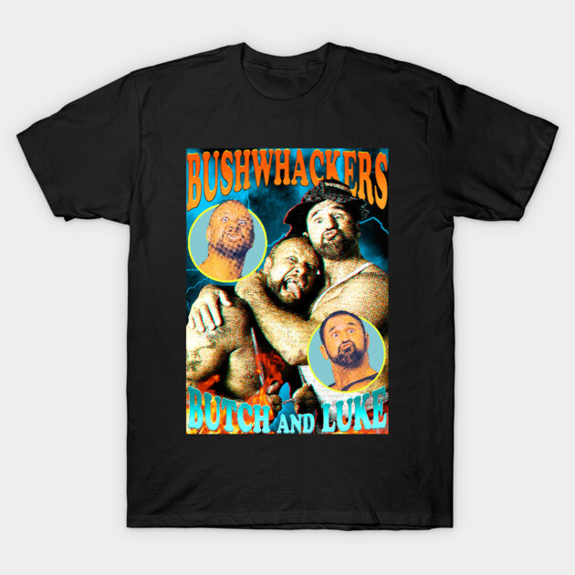 Black Bushwhackers graphic tee featuring vintage wrestling design, ideal for casual wear.