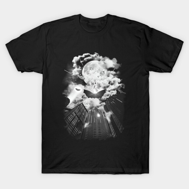 Black cotton t-shirt with moon and cityscape design, urban style graphic tee for casual wear.