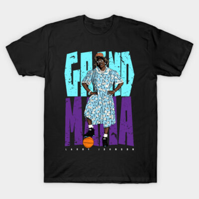 Black graphic t-shirt with vibrant "Grandmama" design, featuring bold blue and purple text and cartoon illustration.