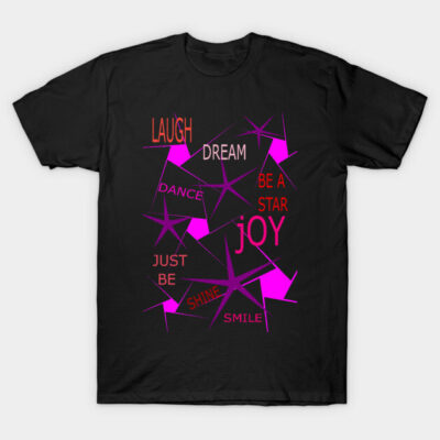 Black graphic t-shirt with pink star design and motivational words like "Laugh" and "Joy," casual style.