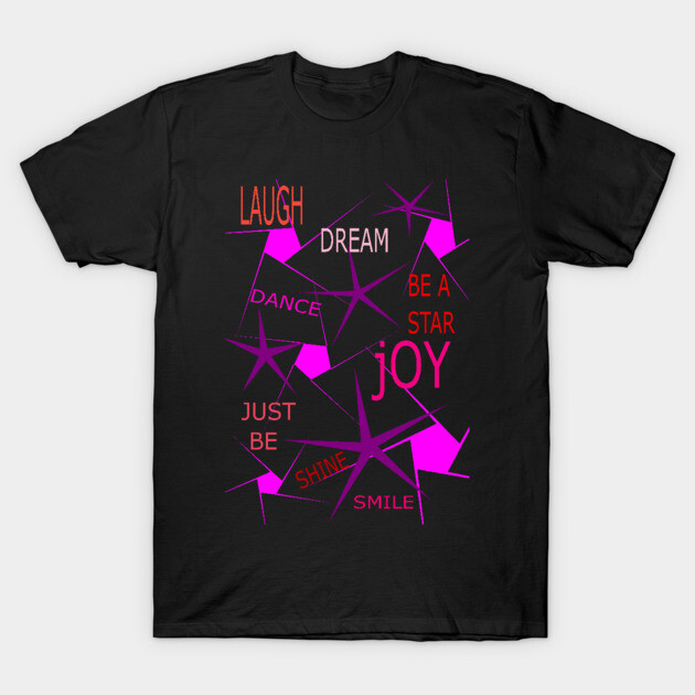 Black graphic t-shirt with pink star design and motivational words like "Laugh" and "Joy," casual style.