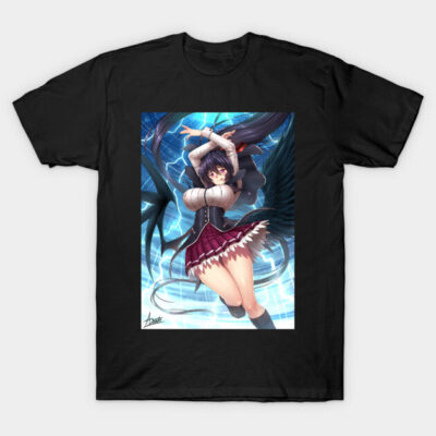 Black T-shirt featuring anime-style character with wings and blue background, perfect for casual wear or gifting.