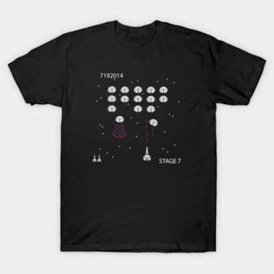 Black cotton t-shirt featuring retro space game design, ideal for casual wear and gaming enthusiasts.