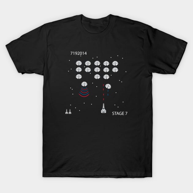 Black cotton t-shirt featuring retro space game design, ideal for casual wear and gaming enthusiasts.