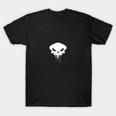 Black t-shirt with white skull design, casual wear, cotton material, unisex style, suitable for everyday use.