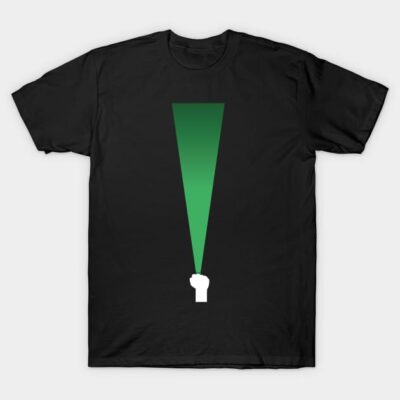 Black cotton t-shirt with green exclamation mark design, casual style, suitable for everyday wear.