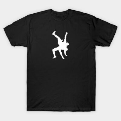 Black T-shirt with white judo silhouette design, casual style, 100% cotton, perfect for sports enthusiasts.