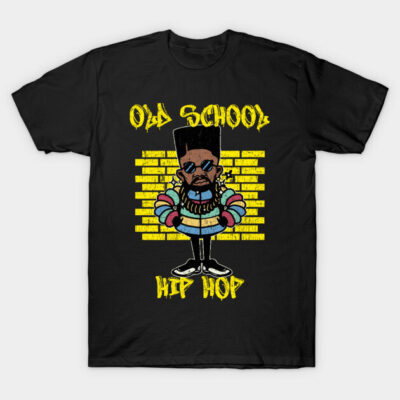 Black t-shirt with "Old School Hip Hop" graphic, featuring colorful cartoon character and yellow brick design.