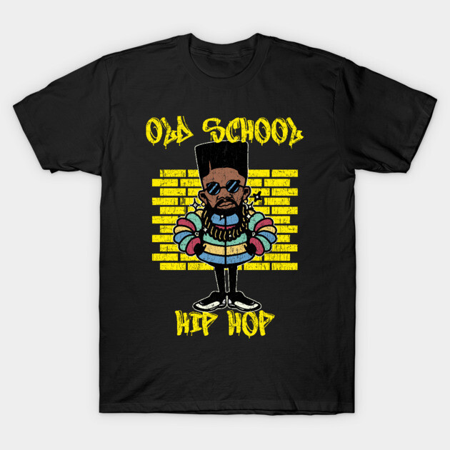 Black t-shirt with "Old School Hip Hop" graphic, featuring colorful cartoon character and yellow brick design.