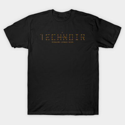 Black Tech Noir T-shirt with orange dot matrix text, casual style, cotton material, unisex fashion, ideal for everyday wear.