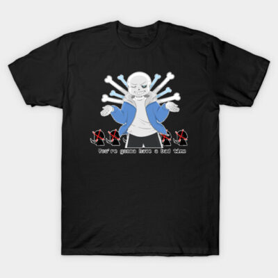 Black t-shirt with cartoon graphic, featuring a skeleton character in a blue jacket, perfect for casual wear.