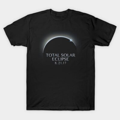 Black T-shirt featuring total solar eclipse graphic with date, cotton material, casual wear, unisex design.